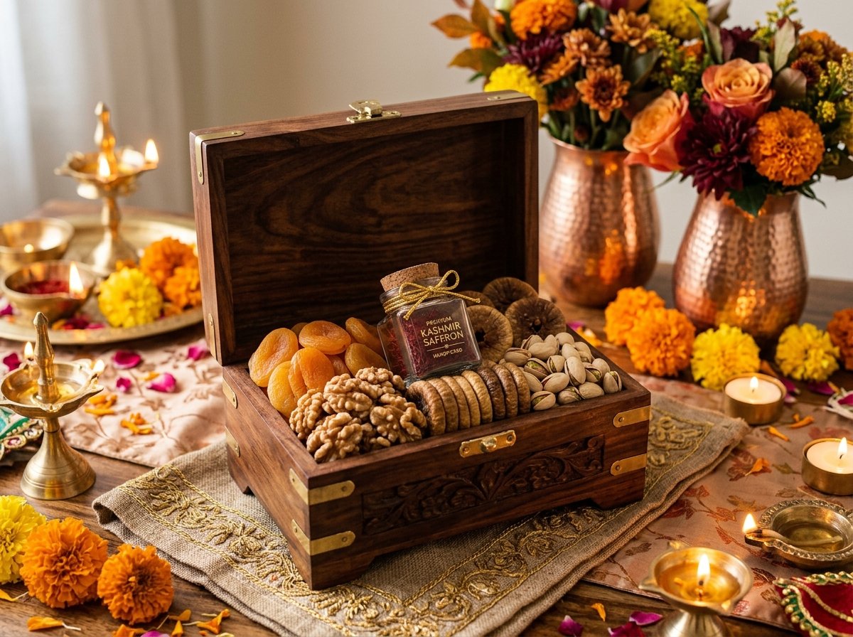 Festive Gifting hampers containing dry fruits and lanterns