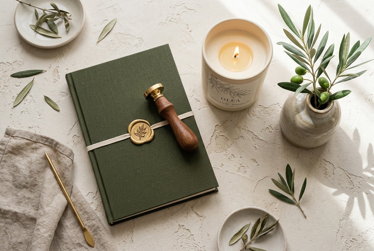 Luxury Gifting Setup with journal, candle, and olive branch